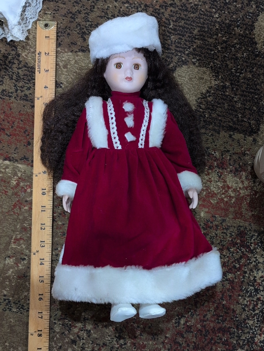 Vintage Style Red and White Holiday Doll - Plush Trim Dress